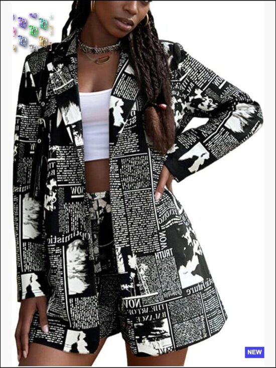 Jackets & Blazers - Newspaper Print Blazer Lapel Collar Long Sleeve Work Office Jacket Chic